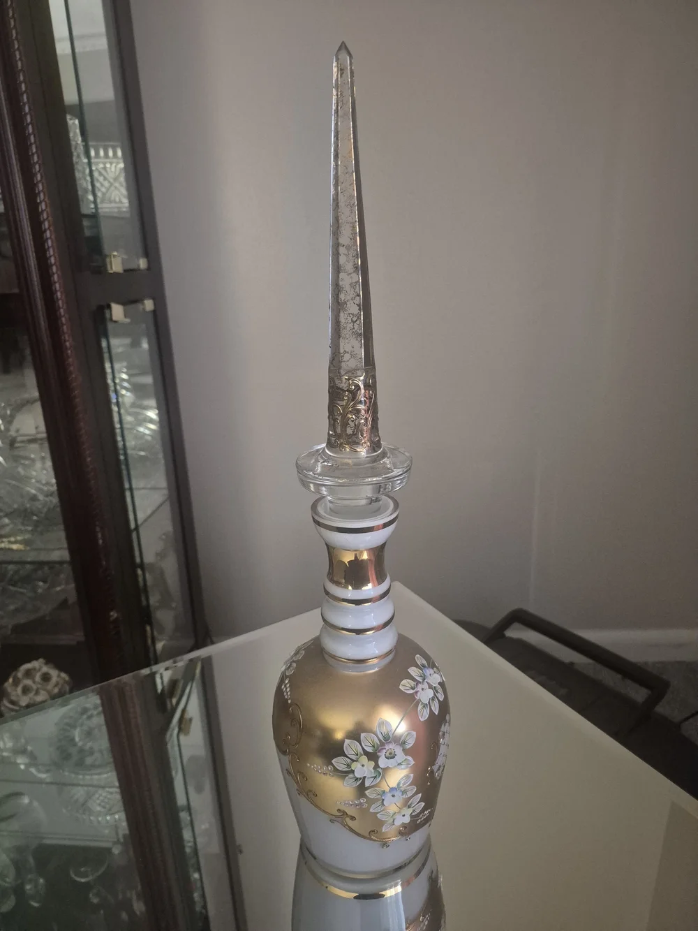 Decorative White and Gold Glass Decanter with Floral Motif